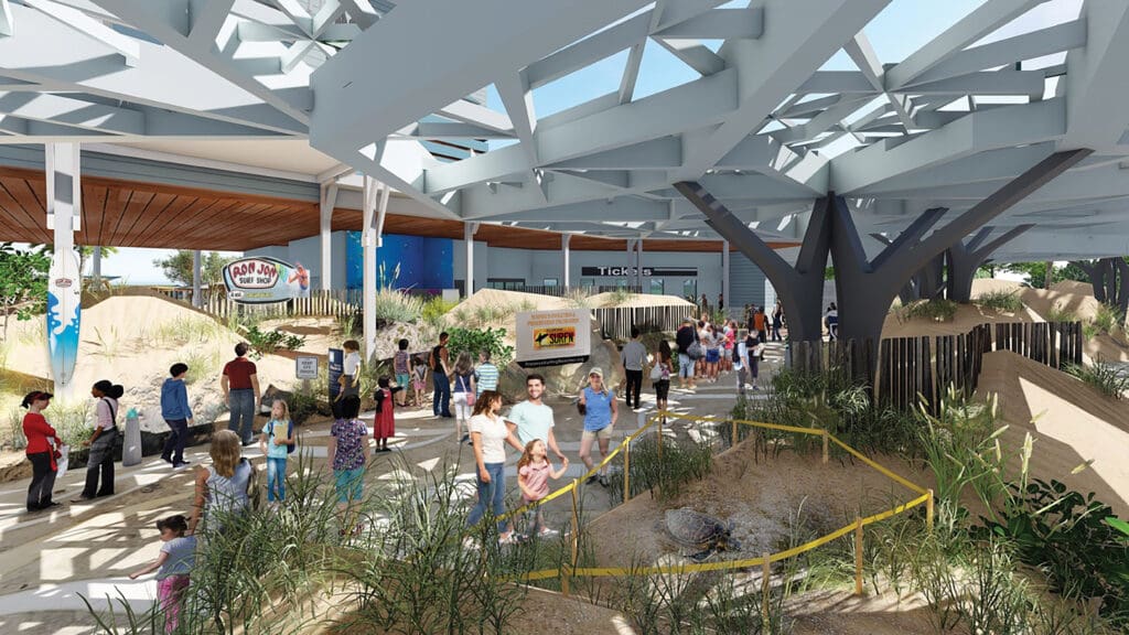The Aquarium Project front entrance rendering with people and a beach scene