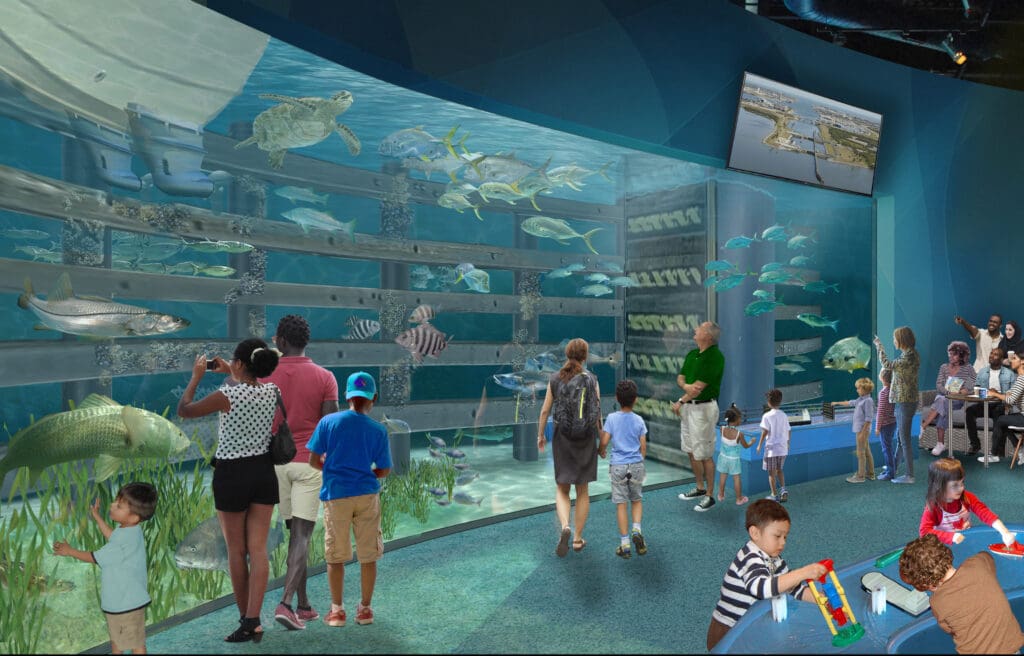 Rendering of the indoor locks exhibit featuring fish in an aquarium people are watching